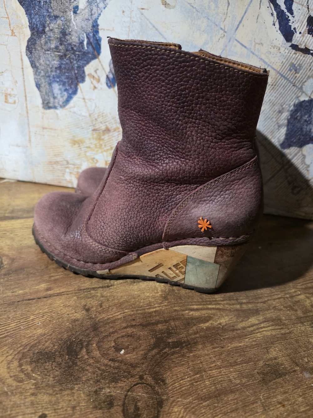 Womens Art Company Purple Distressed Leather Ankle Boots Boho Wedge Heel